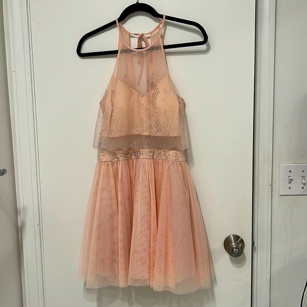 DRESS:Teeze Me: Soft Pink Toole: Bair midriff:  Silver detail. Size small.